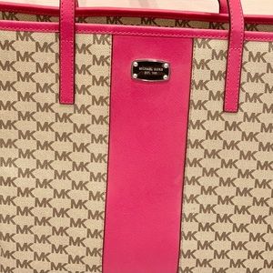 MICHAEL KORS CENTER STRIPE EMRY LARGE TOTE GORGEOUS HOT PINK STRIPE